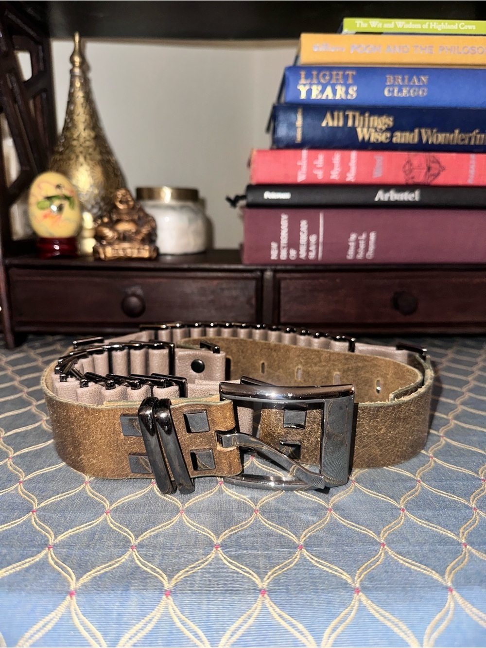 Leather Military Ammo Style Gunmetal Hardware Taupe Gray Brown